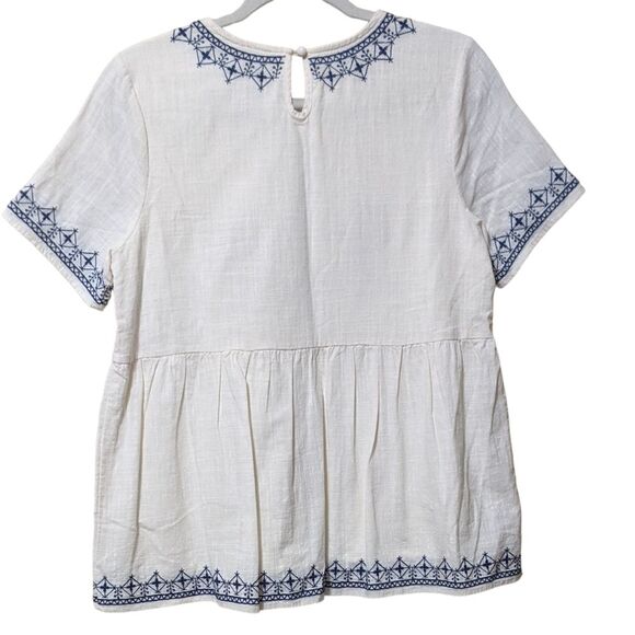 Roolee cream blue embroidered short sleeve peplum cotton top women's size Small - Picture 2 of 7